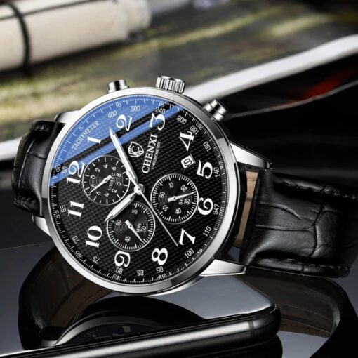 men's analog watch leather strap, 10.5mm case, chronograph, water resistant