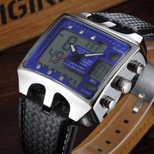 men's analog digital watch rubber strap, rectangular, stopwatch and alarm