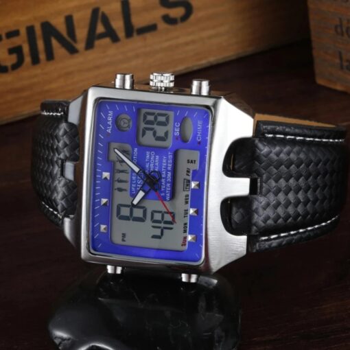 men's analog digital watch rubber strap, rectangular, stopwatch and alarm