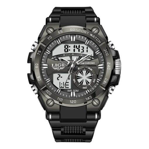 men's analog digital watch 45mm, stainless steel strap, water resistant