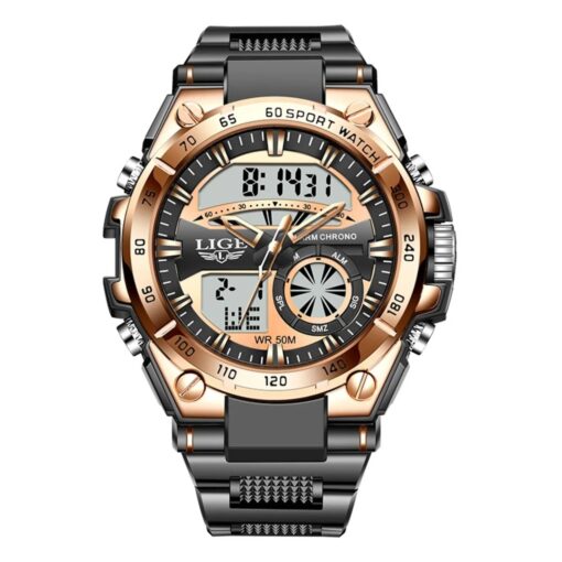 men's analog digital watch 45mm, stainless steel strap, water resistant