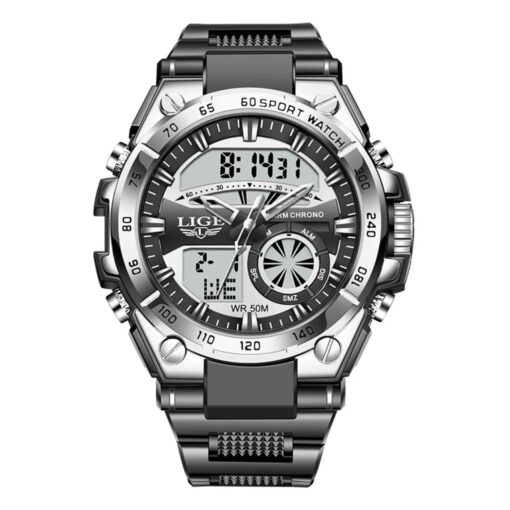 men's analog digital watch 45mm, stainless steel strap, water resistant