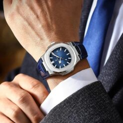men's analog watch leather strap, 44mm dial, water resistant