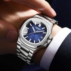 men's analog watch stainless steel strap, 44mm round case, luminous hands, water resistant