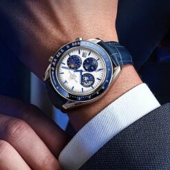 men's analog watch leather strap, classic, chronograph, luminous hands, 44mm dial