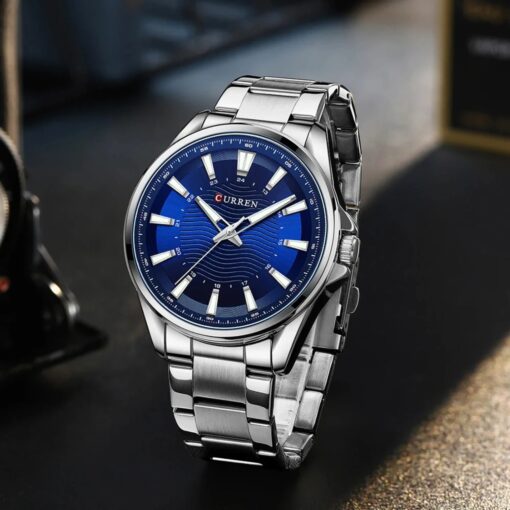 men's analog watch stainless steel strap, round hardlex crystal, luminous hands, water resistant
