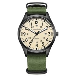 men's analog watch nylon strap, 44mm round hardlex crystal, stopwatch, calendar, water resistant