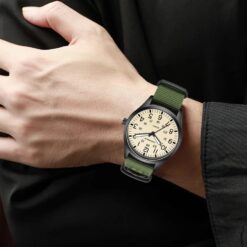 men's analog watch nylon strap, 44mm round hardlex crystal, stopwatch, calendar, water resistant