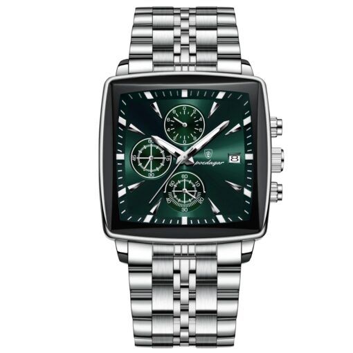 men's analog watch – stainless steel strap, square case 44mm, chronograph, luminous hands, water resistant