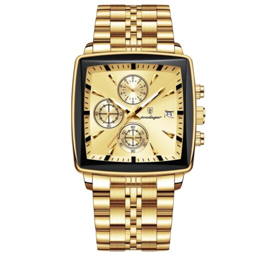 men's analog watch – stainless steel strap, square case 44mm, chronograph, luminous hands, water resistant