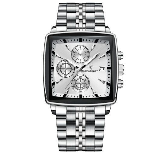 men's analog watch – stainless steel strap, square case 44mm, chronograph, luminous hands, water resistant