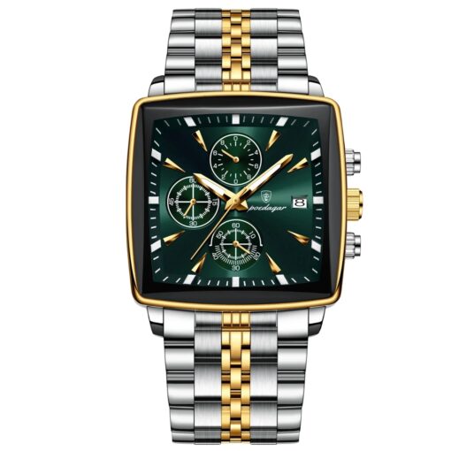 men's analog watch – stainless steel strap, square case 44mm, chronograph, luminous hands, water resistant