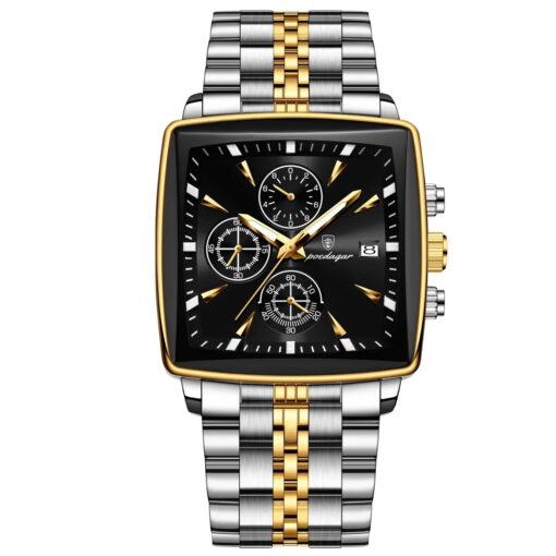 men's analog watch – stainless steel strap, square case 44mm, chronograph, luminous hands, water resistant