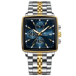 men's analog watch – stainless steel strap, square case 44mm, chronograph, luminous hands, water resistant