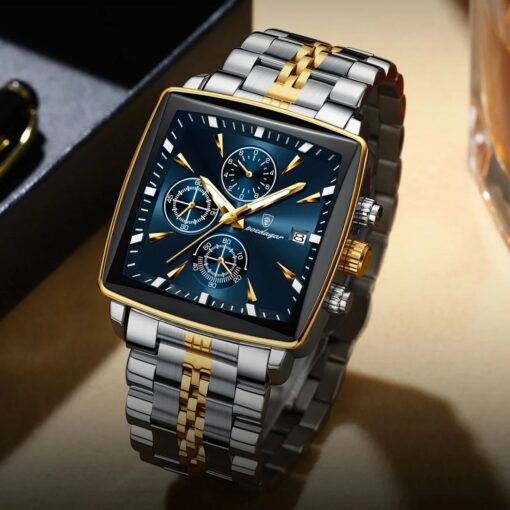 men's analog watch – stainless steel strap, square case 44mm, chronograph, luminous hands, water resistant