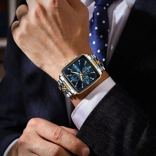 men's analog watch – stainless steel strap, square case 44mm, chronograph, luminous hands, water resistant
