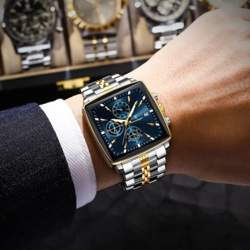 men's analog watch – stainless steel strap, square case 44mm, chronograph, luminous hands, water resistant