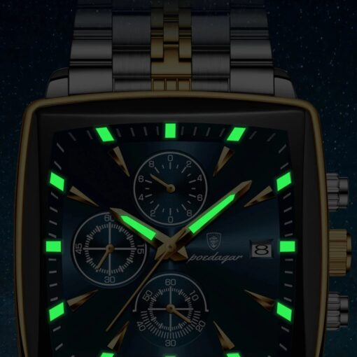 men's analog watch – stainless steel strap, square case 44mm, chronograph, luminous hands, water resistant