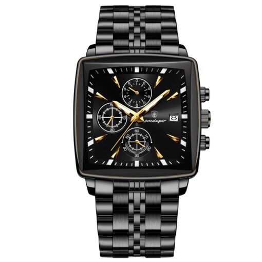 men's analog watch – stainless steel strap, square case 44mm, chronograph, luminous hands, water resistant