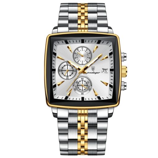 men's analog watch – stainless steel strap, square case 44mm, chronograph, luminous hands, water resistant