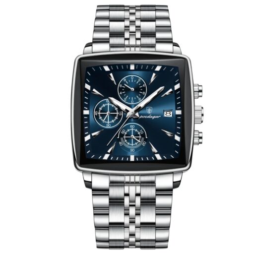 men's analog watch – stainless steel strap, square case 44mm, chronograph, luminous hands, water resistant